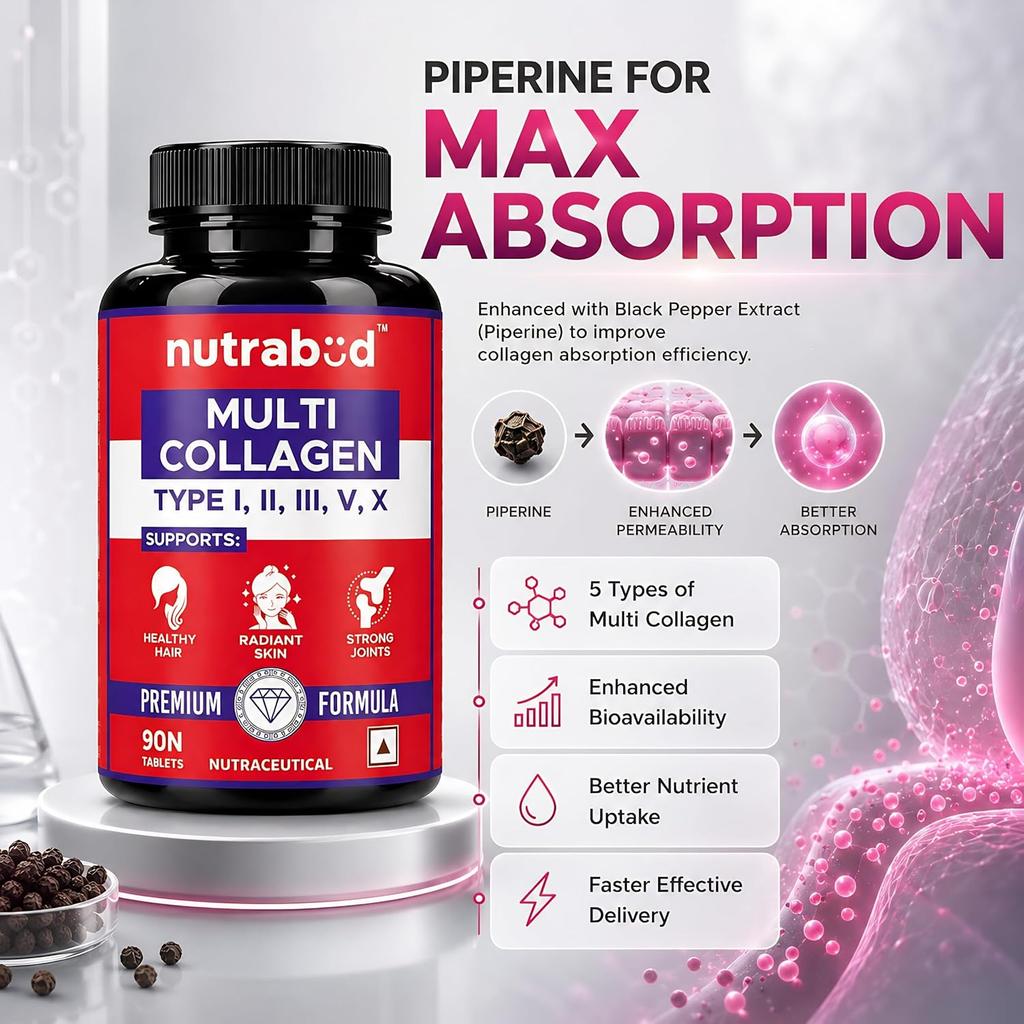 Nutrabud Комплекс Мультиколлагена Для Женщин Мужчин 90 Таблеток Гидролизованные Пептиды с Типами I II III V X Для Кожи Волос Суставов