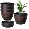 2pcs of Whiskey Barrel Flower Pots with Tray + 2 Bases + 2 Pots, Striped Plastic Flower Pots with Drainage Holes, Suitable for Indoor and Outdoor Use