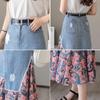 Floral Skirts Womens Medieval Pleated Long Goth Skirt A-LINE Irregular Denim Spliced Chiffon Jean Beach Maxi Skirt Y2k Summer