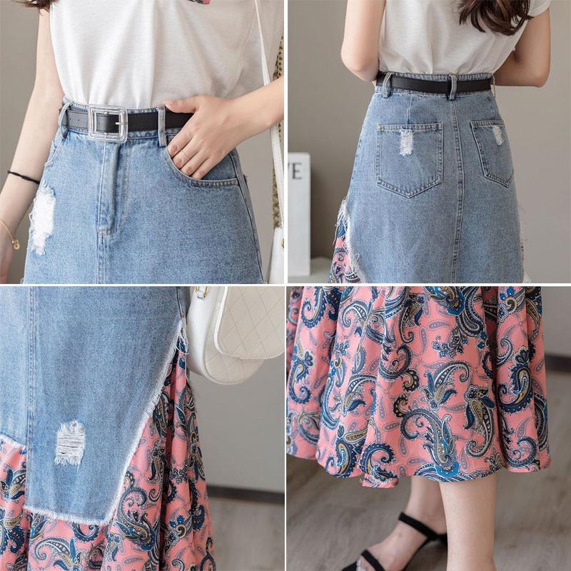 Floral Skirts Womens Medieval Pleated Long Goth Skirt A-LINE Irregular Denim Spliced Chiffon Jean Beach Maxi Skirt Y2k Summer