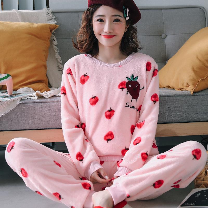 Утолщенная теплая фланелевая пижама, женский костюм с круглым вырезом и рисунком медведя из мультфильма, домашняя одежда для отдыха, женская одежда для сна, комплект из двух предметов
