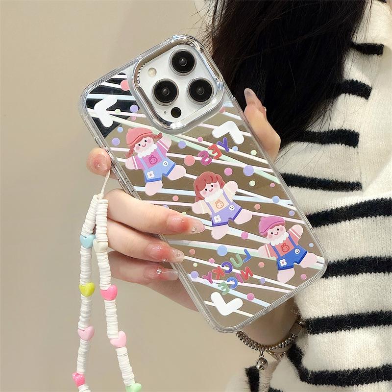 Силиконовый чехол Zhitai Cartoon для iPhone 15 Pro/14/13 Pro: Три в одном: зеркало и браслет