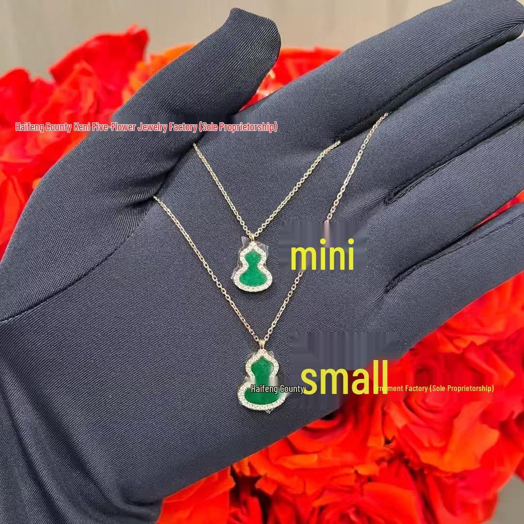 Elegant Women's 18K Rose Gold Gourd Necklace with Red Agate, Natural Jade, and Diamond Pendant.