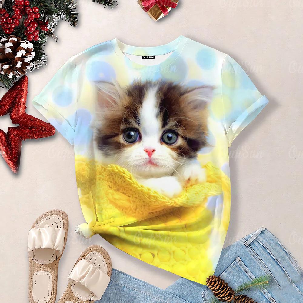Футболки Overzise для женщин 2024, футболки с круглым вырезом и короткими рукавами с 3d принтом милого кота, топы, кавайные повседневные футболки, эстетические женские топы