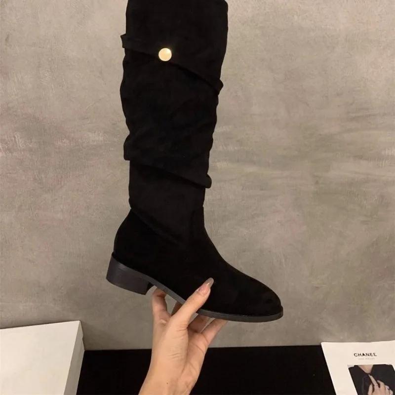 Fashion Knight Boots Ladies 2024 Chunky Heel Autumn Winter Western Tall Thin Retro Slim Fold Pile Women's Riding Boots