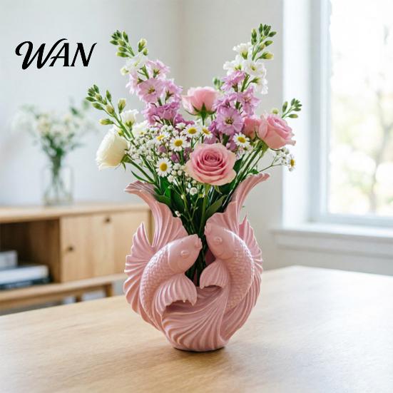 3D Printed Vase Fish Dual Carp Wave Decorative Flower Light Luxury Multi-functional Desktop Organizer for Home Living Room Office Decor Dried