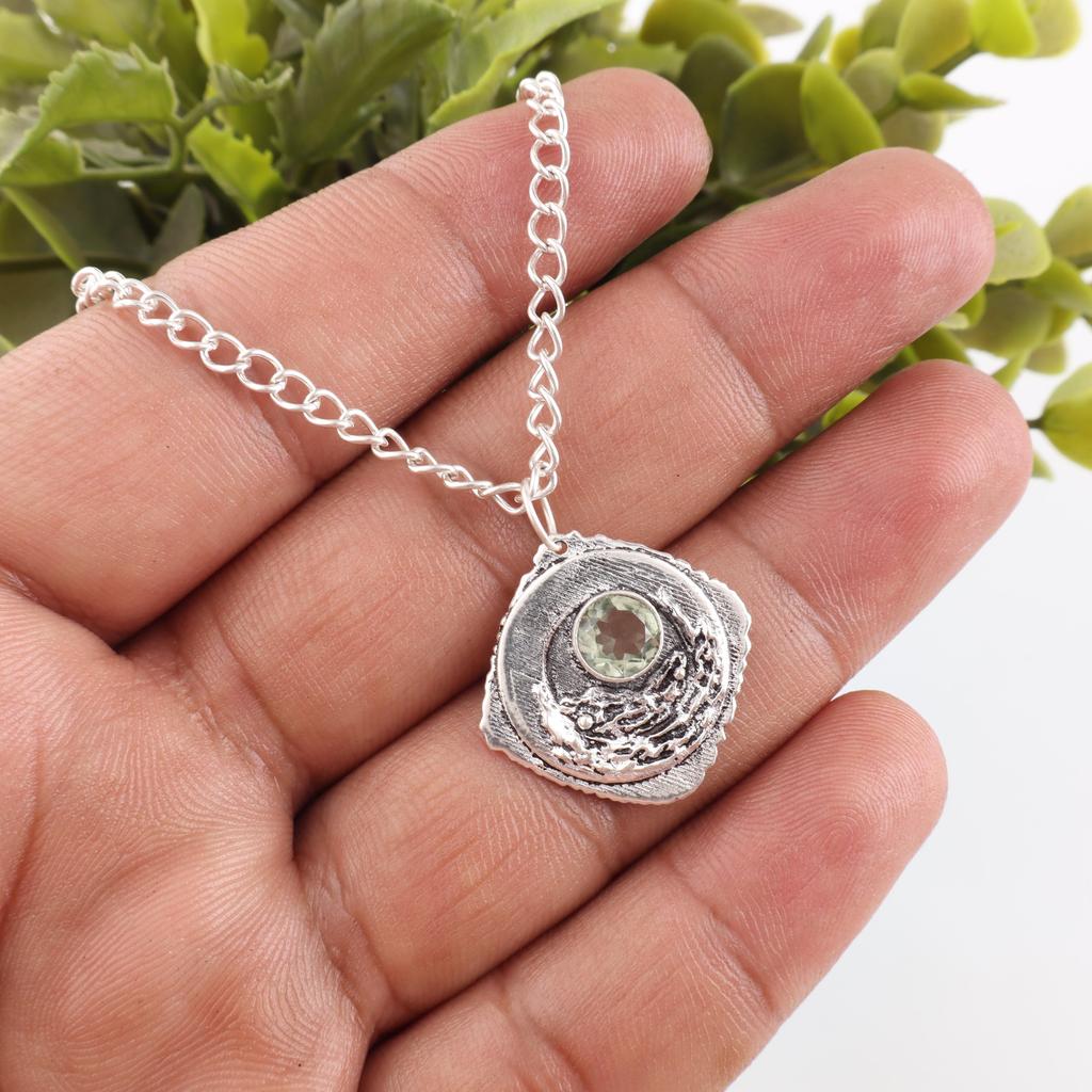 Green Amethyst Gemstone Pendant, 925 Solid Sterling Silver Pendant, Handmade Antique Jewelry, Gift For Mother Day