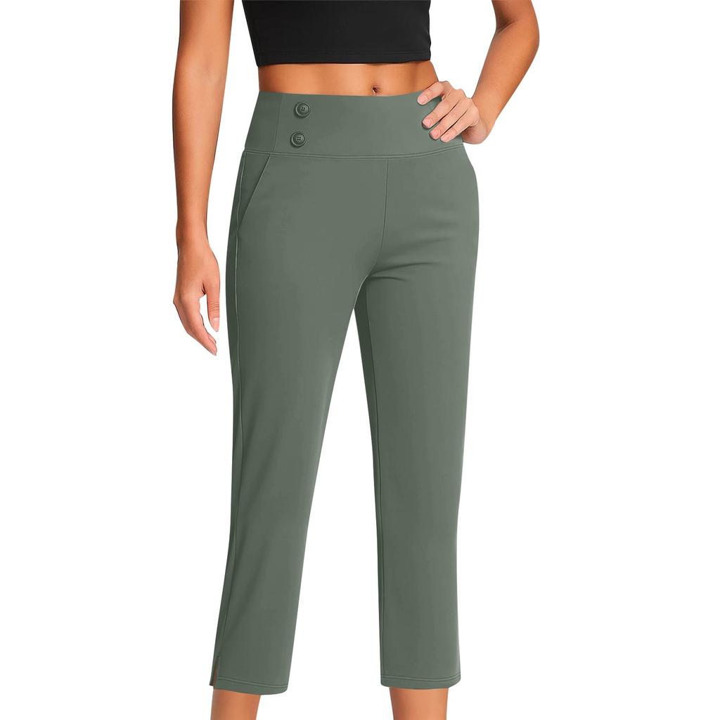 Women's Fashionable Solid Color Straight Leg Pants With High Waist Button Pockets And Elastic Waist Casual Pants