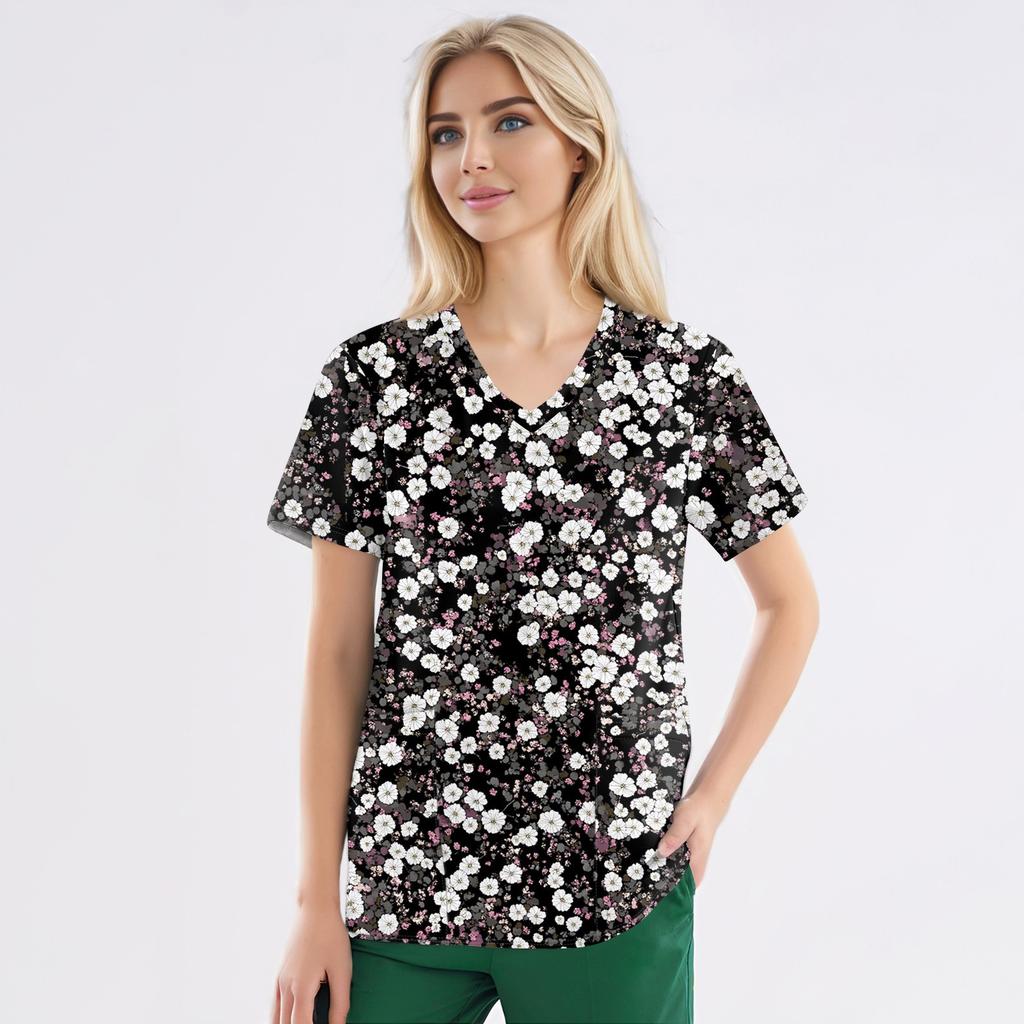 Рабочая форма больших размеров с принтом, топы для женщин, забавные футболки с v-образным вырезом и короткими рукавами, рабочая одежда, футболка с карманами