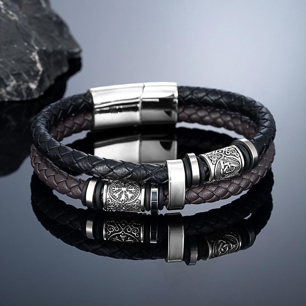 Браслет с рунами викингов из нержавеющей стали и натуральной кожи, регулируемый браслет-бангл, мужской, женский, панк-украшение, скандинавские подарки для пар