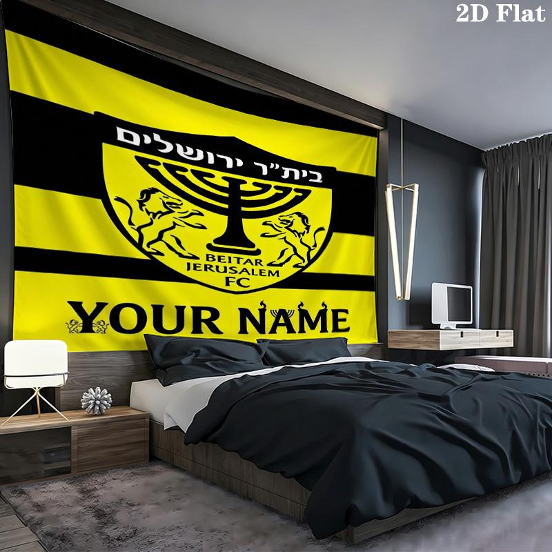Beitar Jerusalem Fc Crest Custom Name Wall Tapestry Aesthetic Wall Hanging Printed Fabric Blanket Decorative Tapestries for Bedroom Living Room Home D