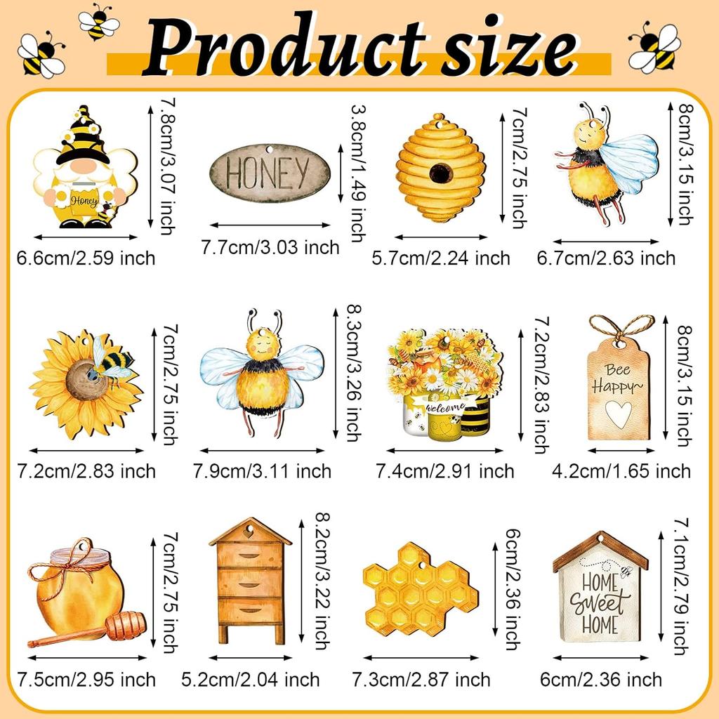 Karenhi 36 Pcs Bee Gnome Wooden Ornament Yellow Honeybee Gnome with Hat Hanging Decor Summer Tree Ornaments with String Bee Themed Party Favors for