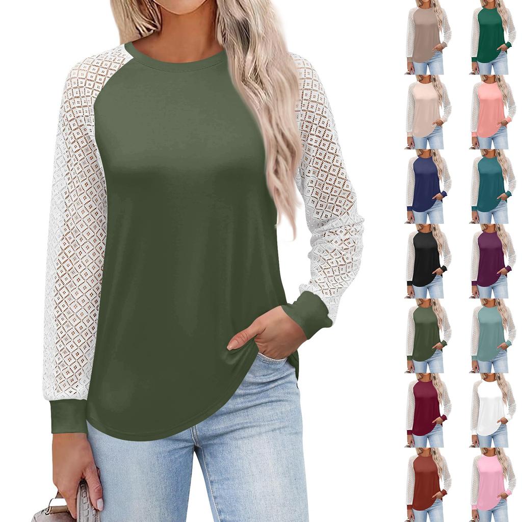 Women's  Long Sleeve  T Shirts Round Neck Lace Tops  Casual Blouses Trendy  Fashion Top