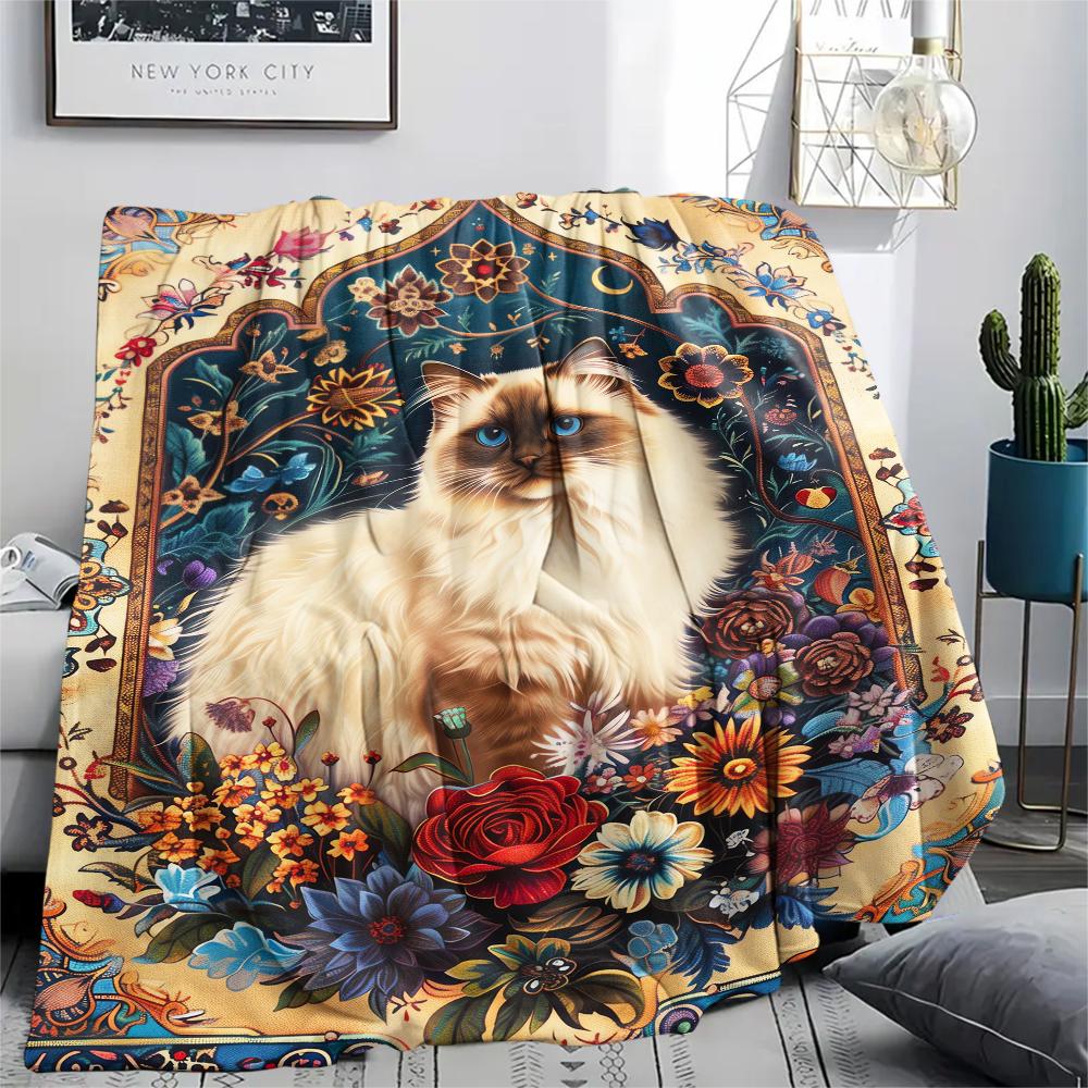 1Pc Boho Floral Cat Print Flannel Blanket, High quality Comfortable for All Seasons, Home Decor, Warmth and Comfort, Perfect for Christmas Gifts