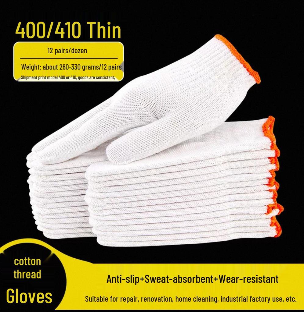 White Cotton Yarn Anti-Slip Work Gloves - Wear-Resistant, Thickened for Labor Protection in Construction and Auto Repair