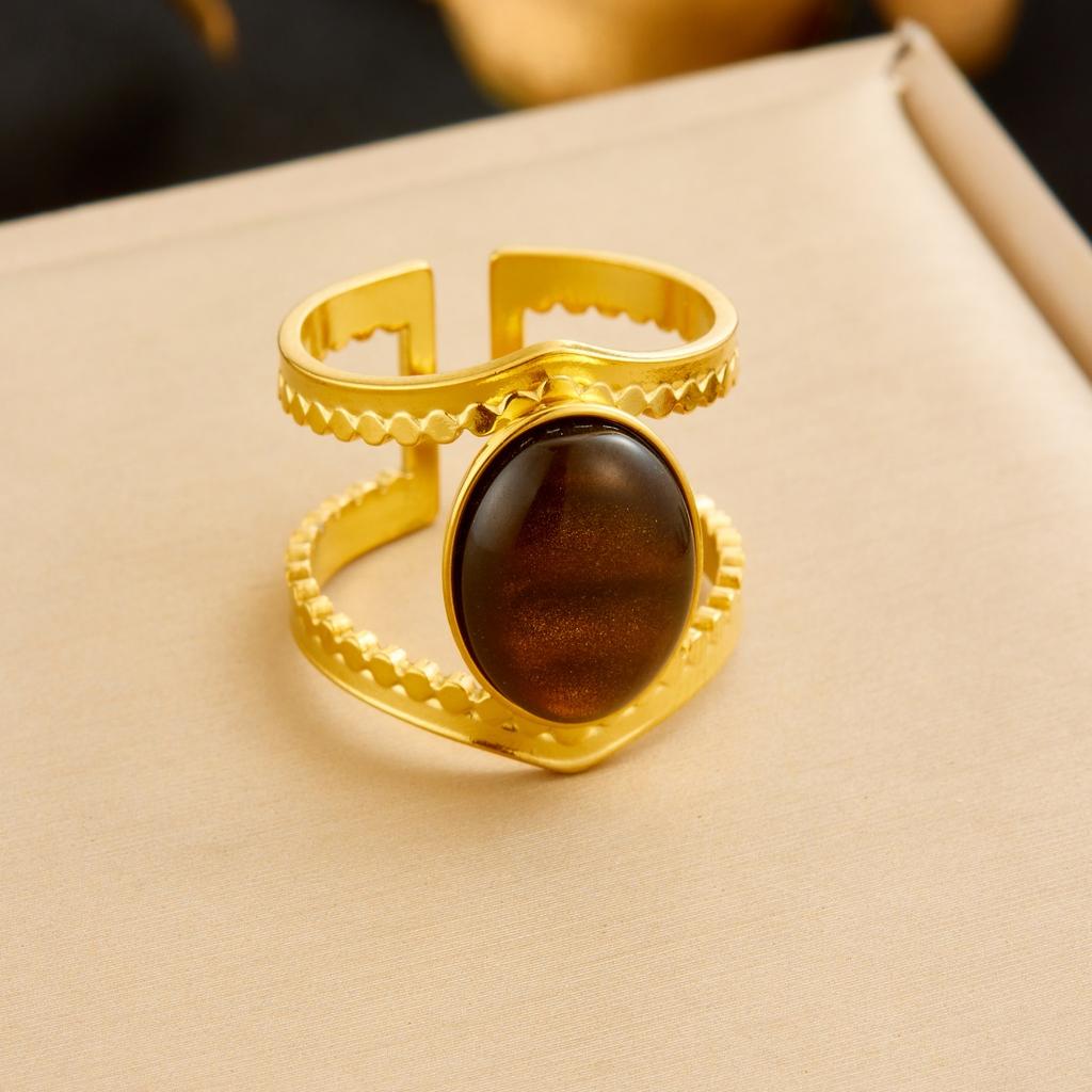 DIEYURO 316L Stainless Steel Vintage Elliptical Brown Tiger Stone Adjustable Ring Women Fashion Concise Ring Jewelry Gift