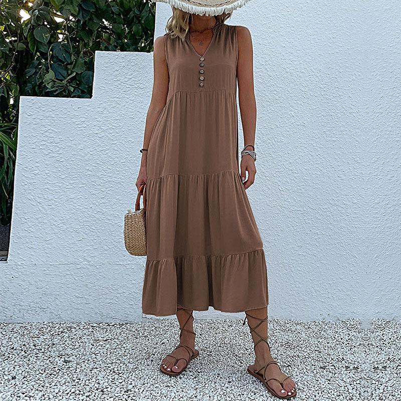 Летнее женское платье трапециевидной формы длиной до колена с V-образным вырезом без рукавов