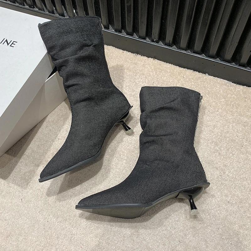 New Fashion Solid Color Stiletto Pointed Toe Women's Boots Solid Color Versatile Slip-on Women's Shoes Spring and Autumn