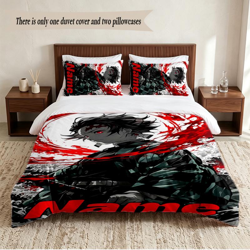 Tanjiro Personalized Custom Name 3‑Piece Bedding Set Soft Duvet Cover Set For Bedroom Home Decor