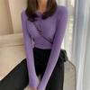 Women Long Sleeve Knitted Sweater Spring Autumn Button O Neck Inside Tight Knit Pullover Top