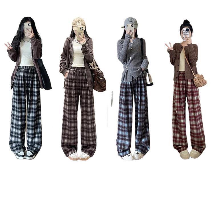 Американские ретро клетчатые прямые широкие брюки женские осень-зима 2024 новые ленивые свободные повседневные брюки из бархата с высокой талией