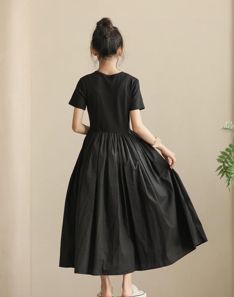 Weileenice Черный Размер Идеально для Контрастного Эластичного Длинного Короткого Летнего Платья для Девочек, 140, Концерты, Дизайн, Талия, Платье, Рукава, Похороны,