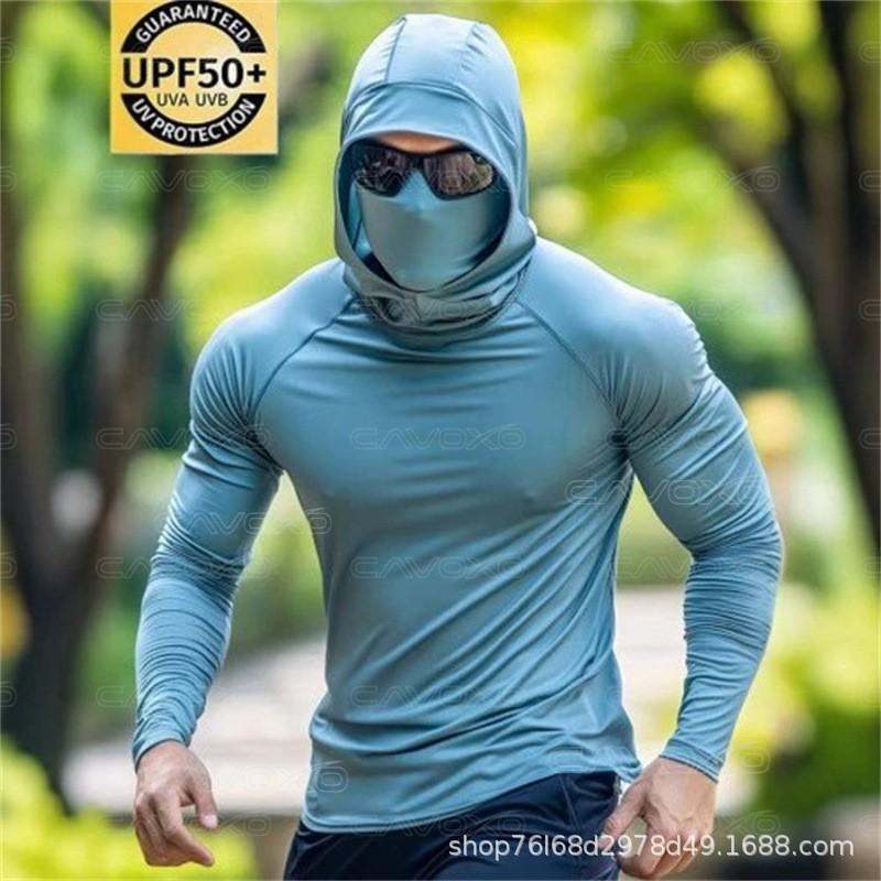 Mens Long Sleeve UPF 50 Quick Dry Hooded Rash Guard Surfing Diving Fishing Outdoor Sports