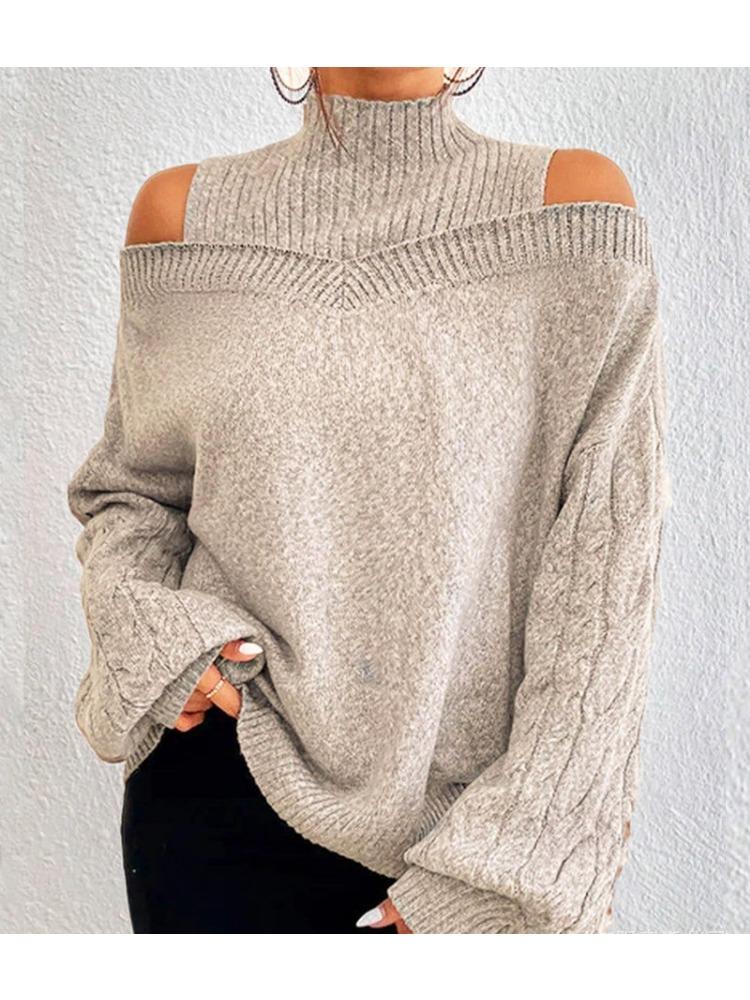 Осенне-зимний свитер с открытыми плечами и полувысоким воротником для женщин, свободный оверсайз трикотаж, роскошный топ облегающего кроя, универсальный