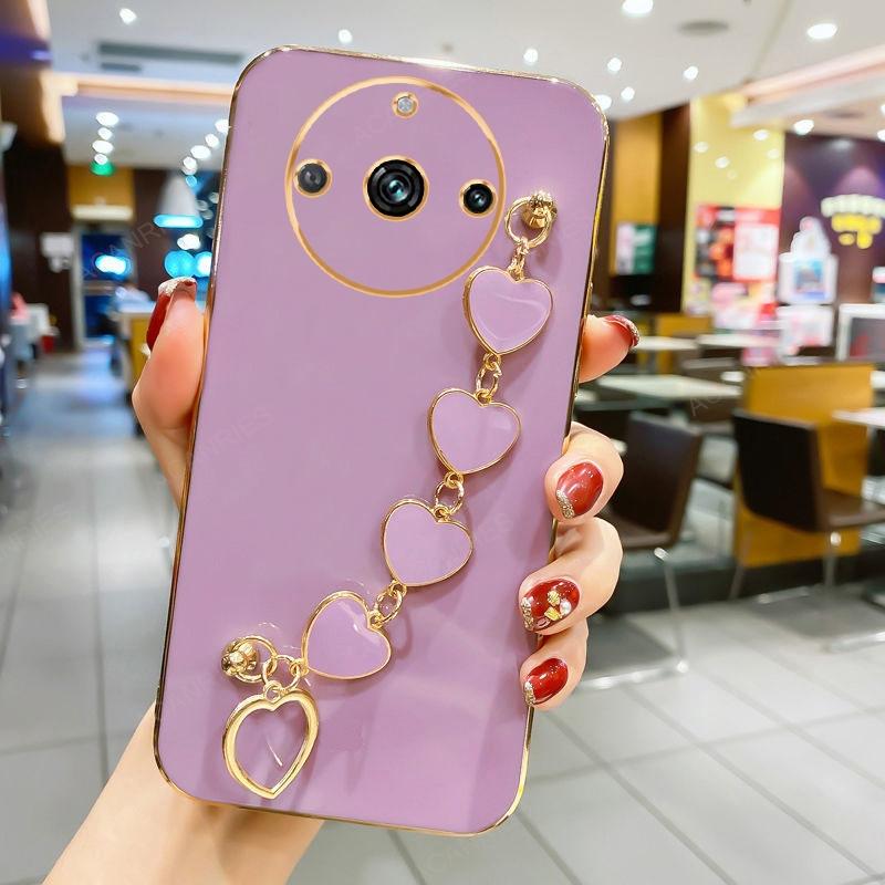 Realme12 Realme13 Realme14 Роскошный чехол-цепочка с сердечком и покрытием для Oppo Realme 14 13 12 Pro Plus Мягкая задняя крышка