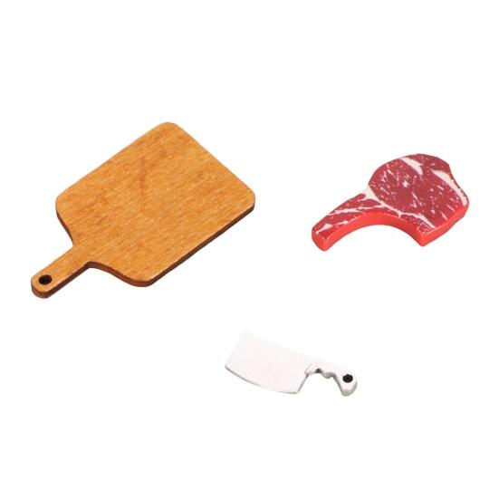 Mini Steak And Knife Set 3Pcs/Set Cutting Board, Tiny Wooden Realistic Miniature Food Display for Doll Mansion Kitchen Butcher Board
