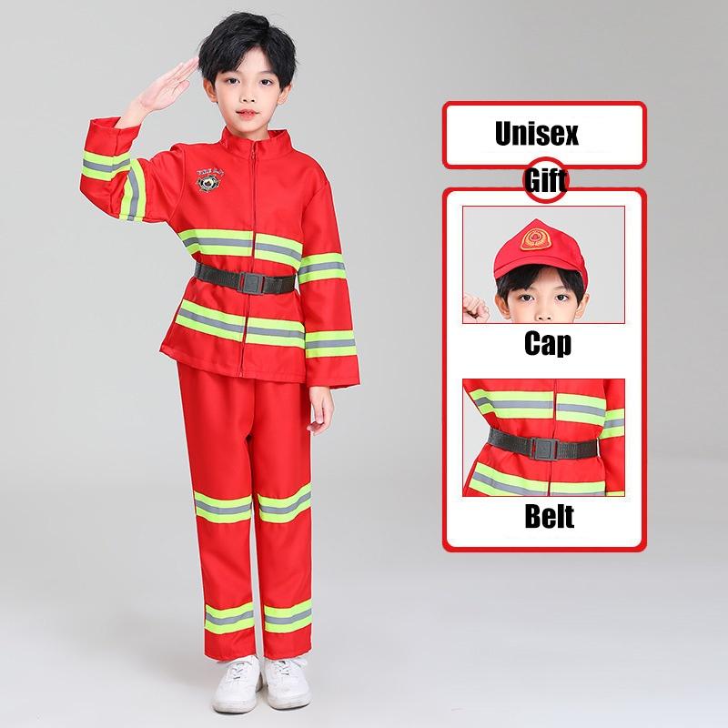 Детский костюм пожарного для переодевания, красный полиэстер, набор костюма пожарного с поясом и кепкой-уточкой
