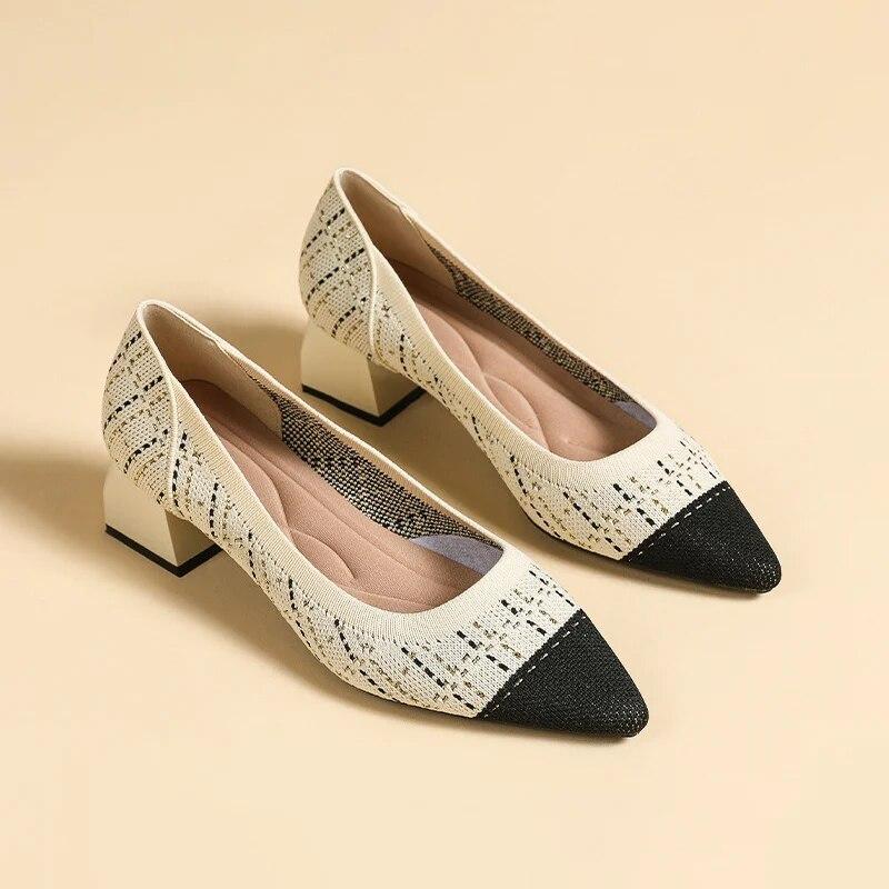 2024 осенняя женская обувь на высоком каблуке, модная трикотажная обувь с квадратным носком, толстый каблук с неглубоким носком, дышащие нескользящие женские туфли-лодочки