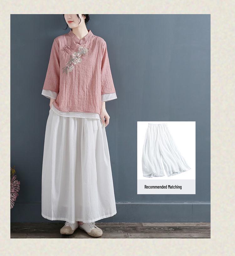 Женская ретро вышитая футболка с V-образным вырезом из хлопка и льна: Повседневный, Литературный Стиль для Коллекции Весна-Лето-Осень 2024