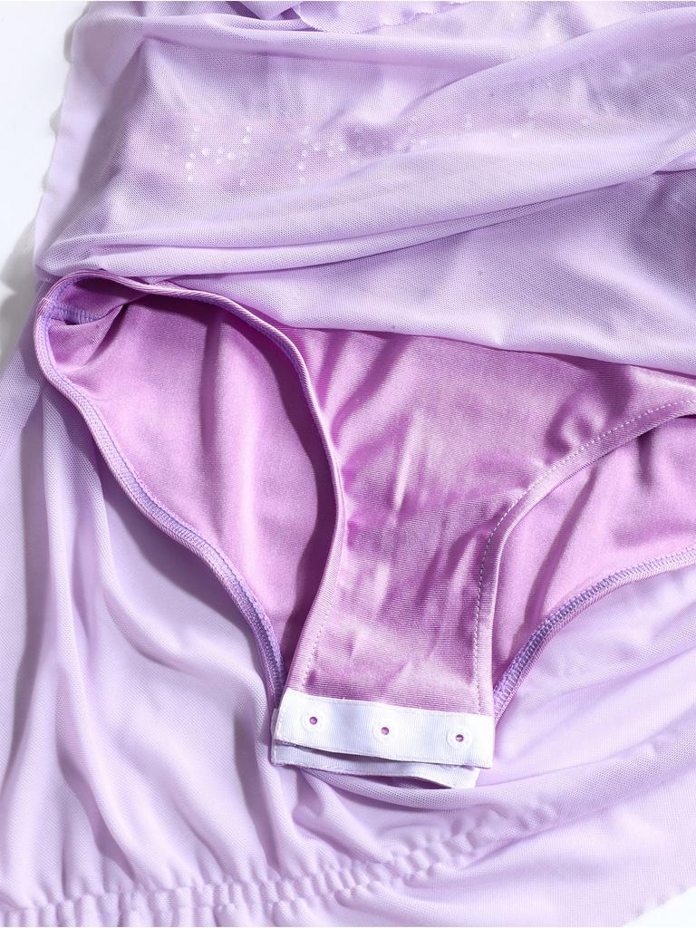 Girls Dance Costume Sleeveless Backless Design Sheer Mesh Overlay Sparkle Rhinestone Asymmetrical Skating Dress