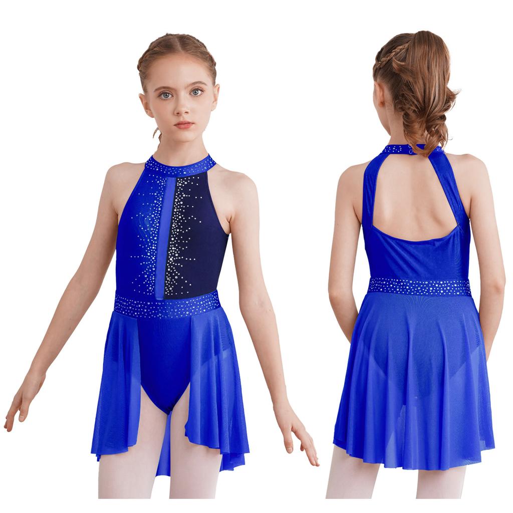 Girls Lyrical Dress Shiny Rhinestone Decor Sleeveless Irregular Hem Dance Leotard Dress Kids Dancewear