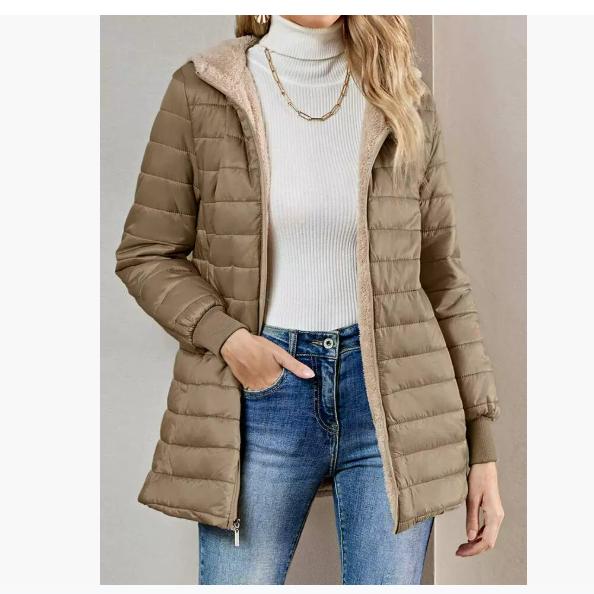 Autumn and Winter Thickened Plus Velvet Hooded Mid-length Slim-fit Warm Lamb Fleece Cotton Coat Women's Jacket