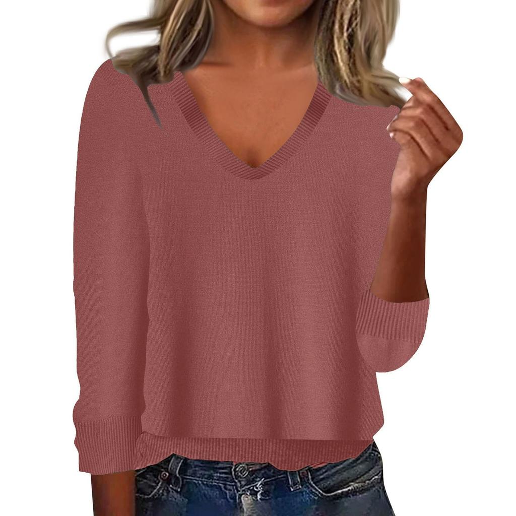 Women's Fashion Loose V-Neck Long Sleeve Bottom Shirt Top Knitted Sweater