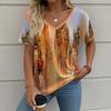 Women's T-Shirt Oil Painting Architectural Graphics Retro Fashion Classic Casual Oversized V-Neck Summer Women's Clothing