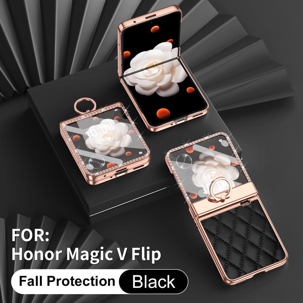 Чехол-держатель для кольца из гальванизированной кожи для Honor Magic V Flip, роскошная защитная крышка для линз с бриллиантами для Honor MagicV Flip LRA-AN00