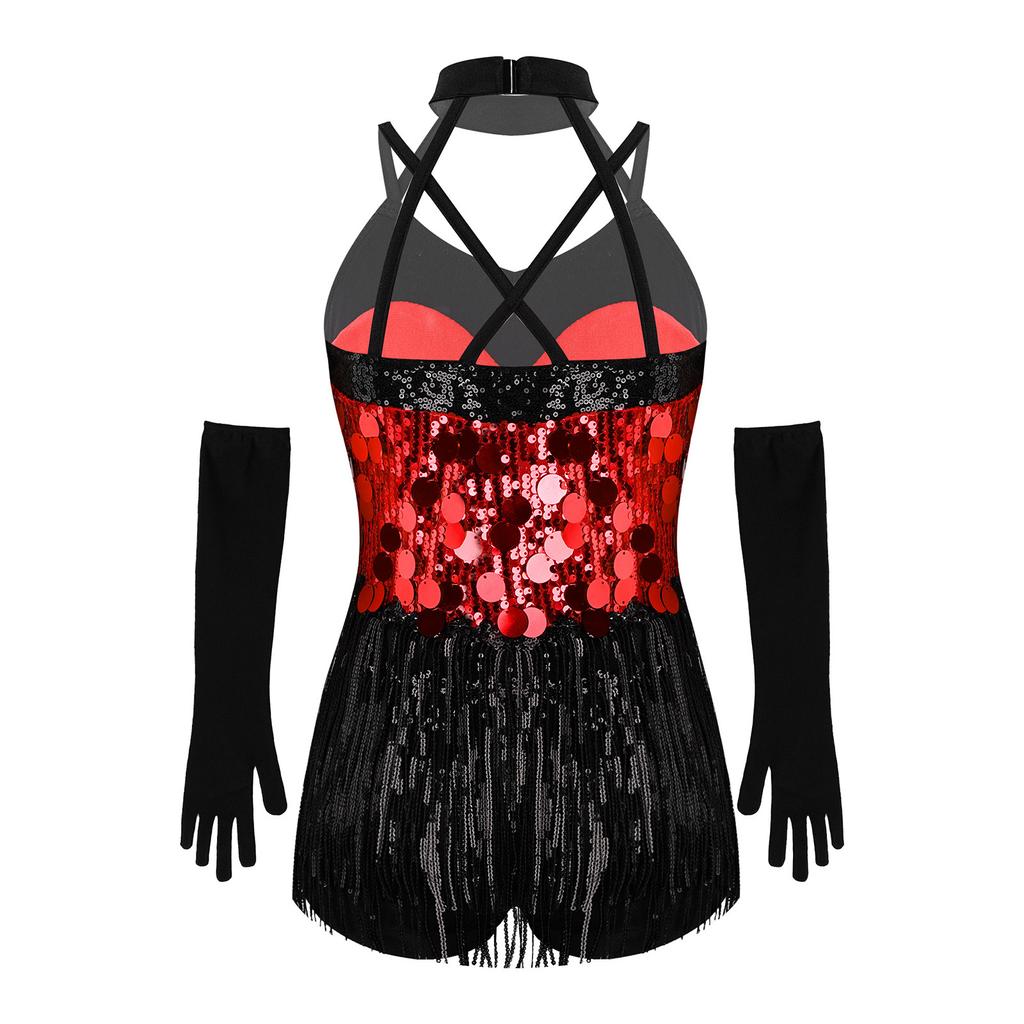 Girls Tassels Latin Dance Dress Halter Sleeveless Strappy Sparkling Sequins Fringed Dress Stage Gloves