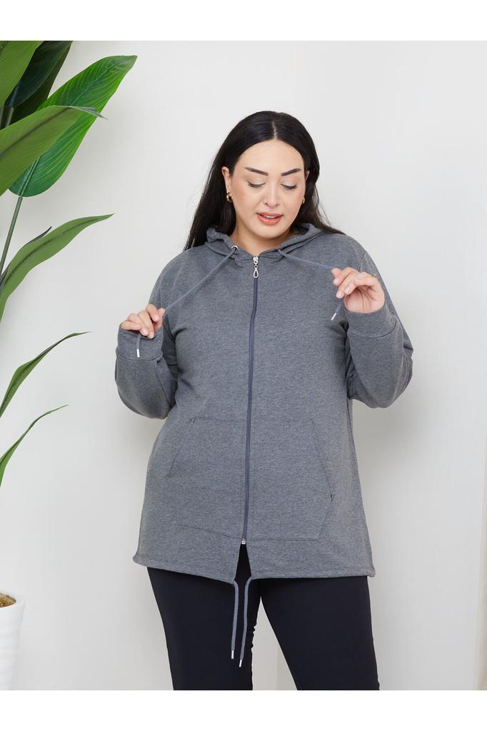 Женский стиль, толстовка большого размера, большой размер, модель на молнии с капюшоном, 2 кармана, длинный зеленый Спортивный и повседневный свитшот зеленого цвета