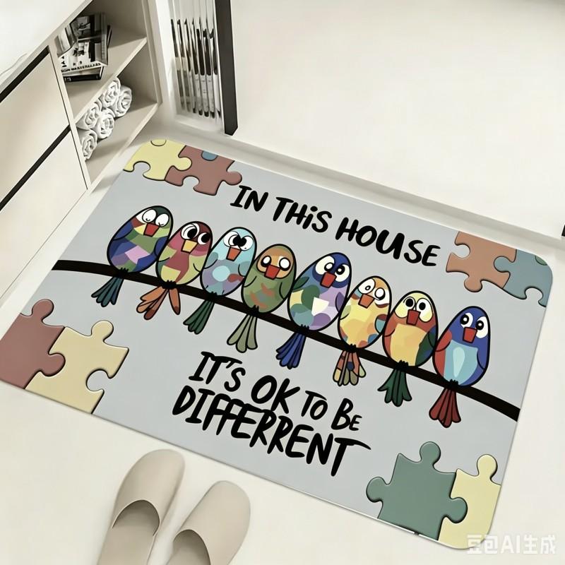 Non Slip In This House Door Mat Autism Awareness Puzzle Welcome Doormat Colorful Birds Floor Rug Kitchen Entrance Mats