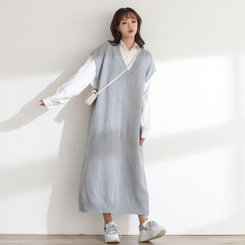 DIMANAF Женское платье-свитер Зима Осень Большой размер Новый вязаный жилет без рукавов с V-образным вырезом Женский базовый однотонный свободный пуловер