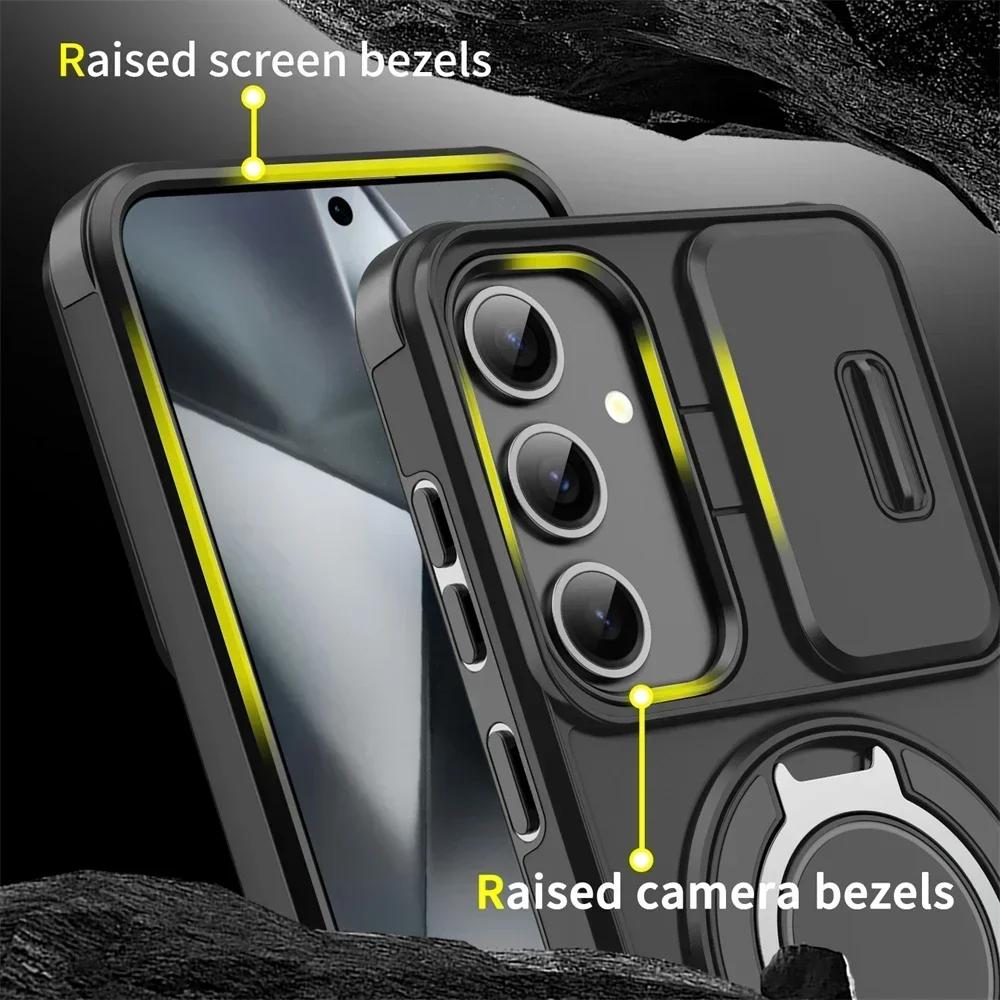 Shockproof Magnetic Phone Case for SamsungA17 A56 A36 A26 A16 A06 S24 S25 Ultra Plus Slide Camera Lens Ring Stand Protect Case