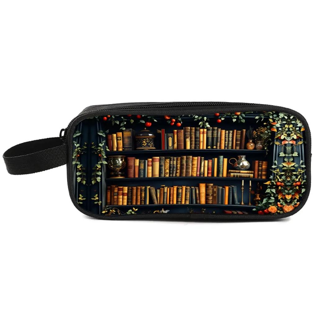 Bookshelf Print Double Layered Pencil Case with Handheld for Boys/Girls Best Gift 3D Cartoon School Pencil Bag