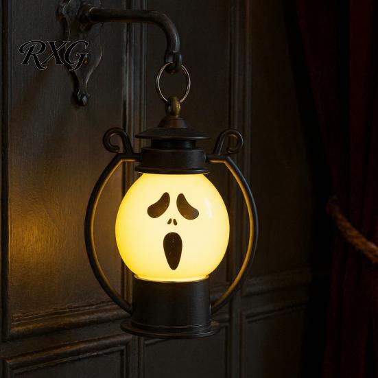 Safe Flameless Candle Halloween Ghost Face Night Light, Portable Retro LED Lamp with Hanging Indoor Outdoor Lighting Ring, Battery Operated