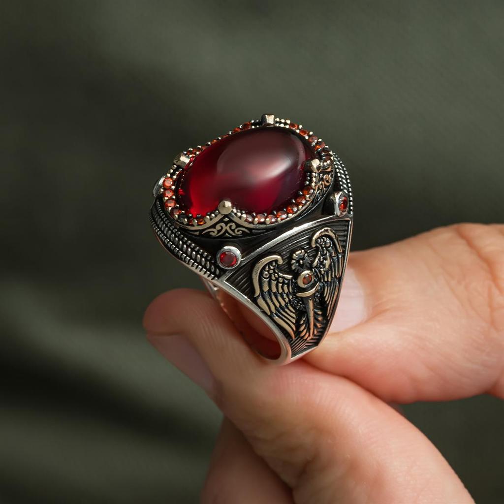 Exquisite 925 Sterling Silver Ruby Men's Ring – Timeless Elegance and Rich Hues - Turkish Handcraft Silver Men Ring