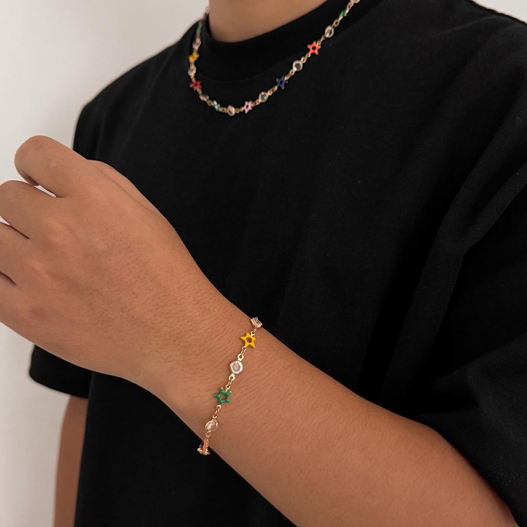 Hip-Hop Niche Colorful Pentagram Crystal Necklace for Men High-End Niche Collarbone Chain Men's Jewelry
