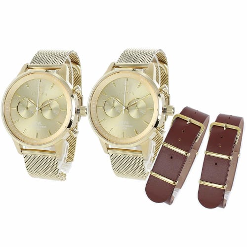 TRIWA Pair Watches with Storage Box and Two Interchangeable Straps, Unisex, Men's and Women's, Chronograph, Gold Mesh, Brown Leather, NEST104-2-ME0213