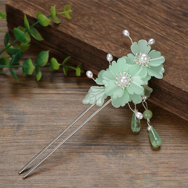 Retro Traditional Flowers Simulated Pearls Long Tassel Hairpins Hair Sti